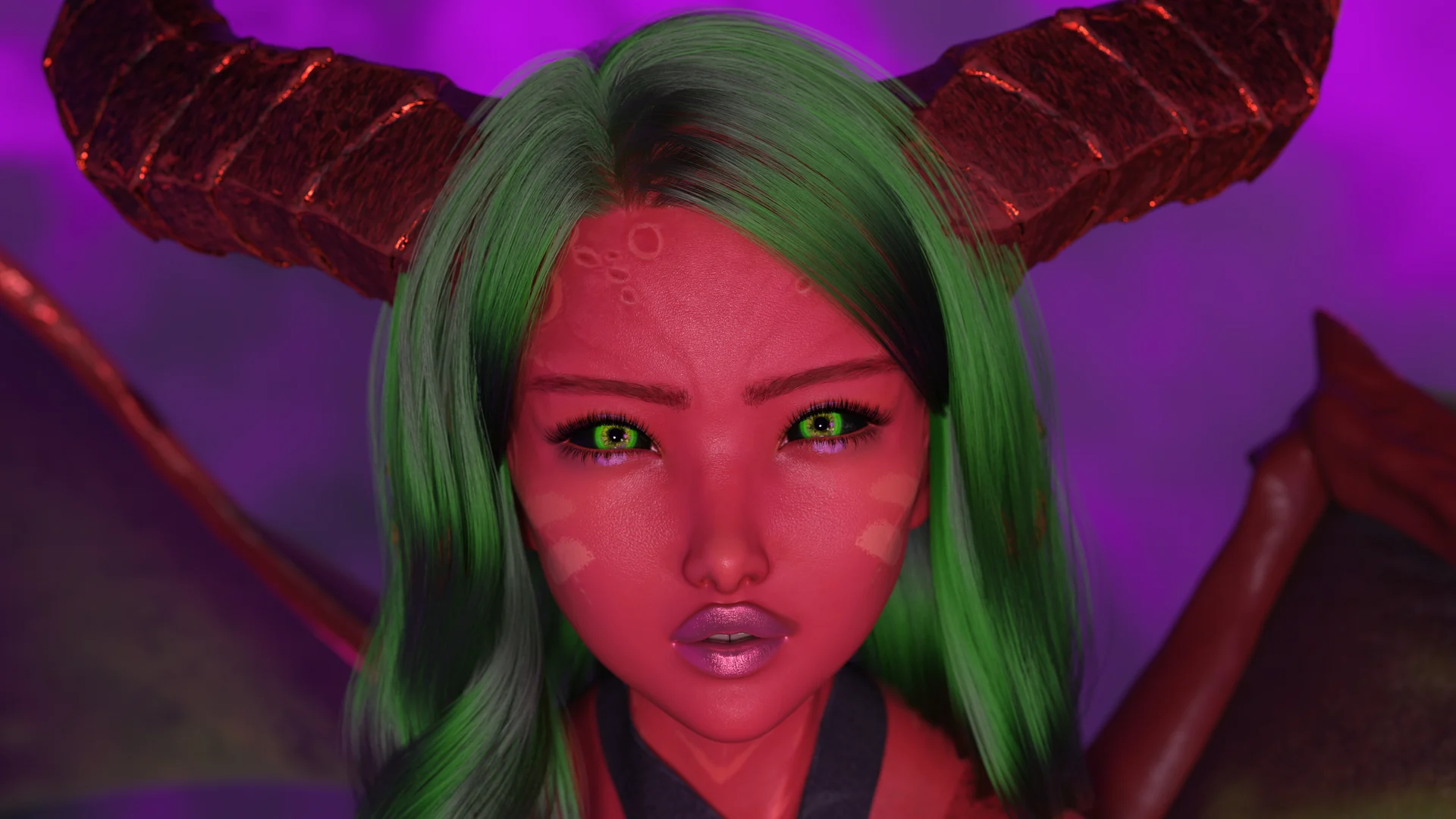 Camellia, a green-haired succubus with curling horns, in a violet-lit otherworldly realm